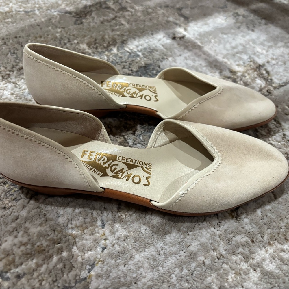 Salvatore Ferragamo Cream Suede D'Orsay Flats